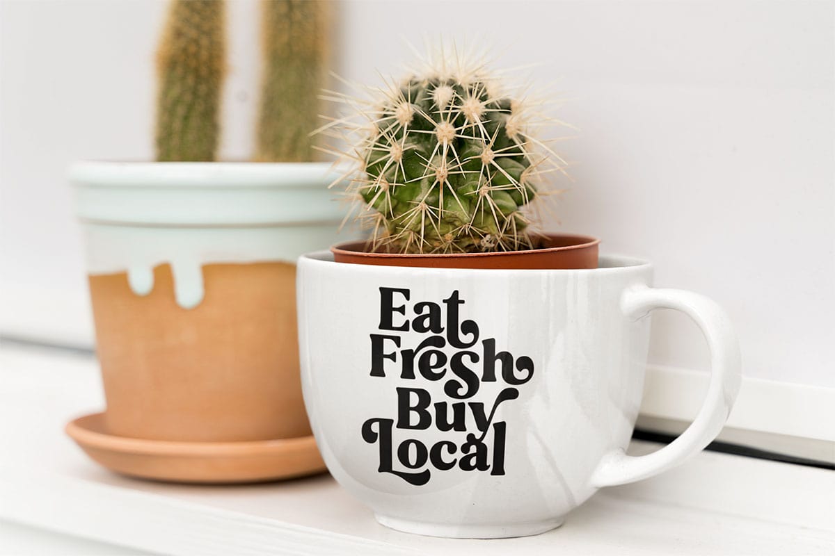 Eat fresh buy local mug.