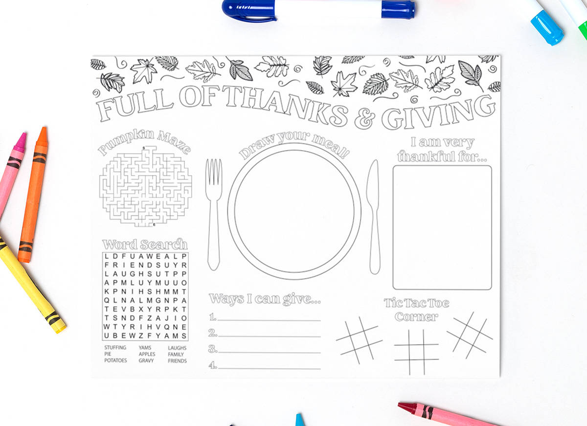 Thanksgiving place setting printable with crayons and crayons.