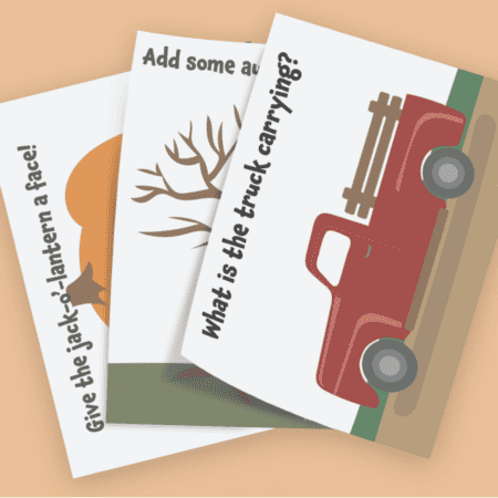 A set of fall activity mats printables with a truck and a tree.